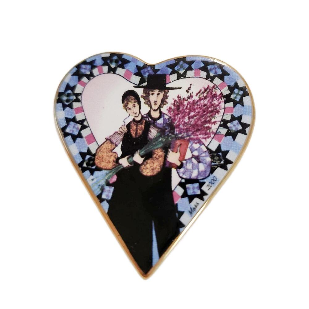 Vintage Y2K Hand Painted Porcelain Heart Brooch Pendant, Signed, P Buckley Moss
